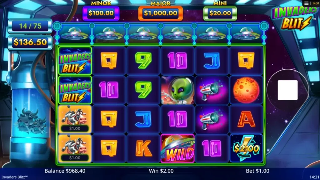 Tampilan visual slot Invaders Blitz dengan tema alien dan sapi luar angkasa