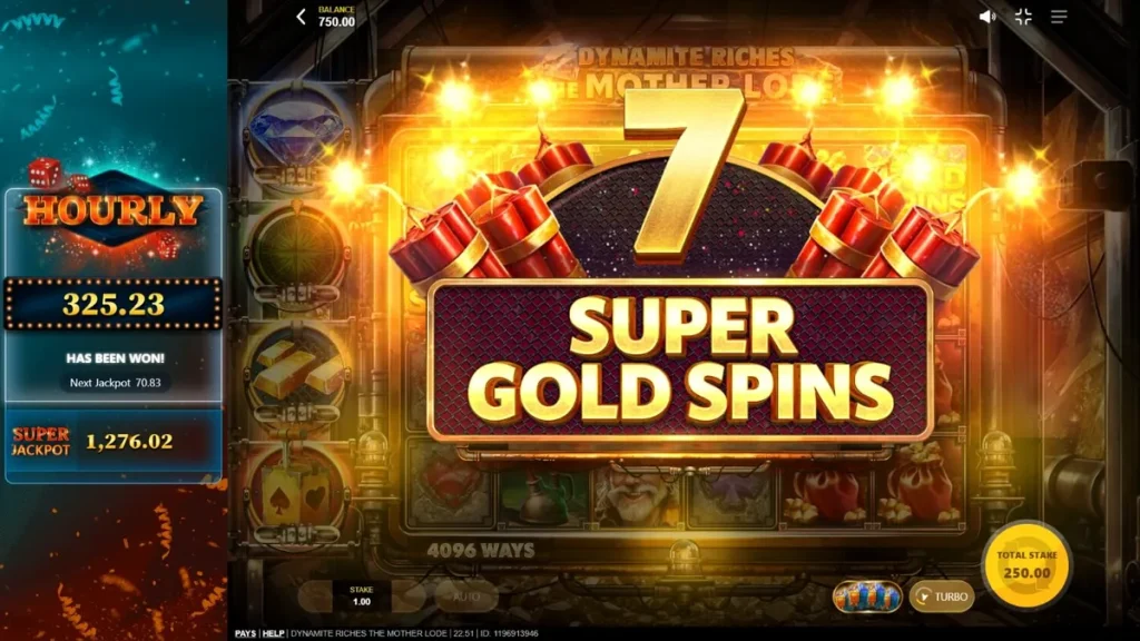 Tampilan visual slot Dynamite Riches The Mother Lode dengan tema pertambangan emas