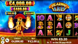 Tampilan visual slot Blazing Ares dengan tema dewa perang Yunani dan elemen api.